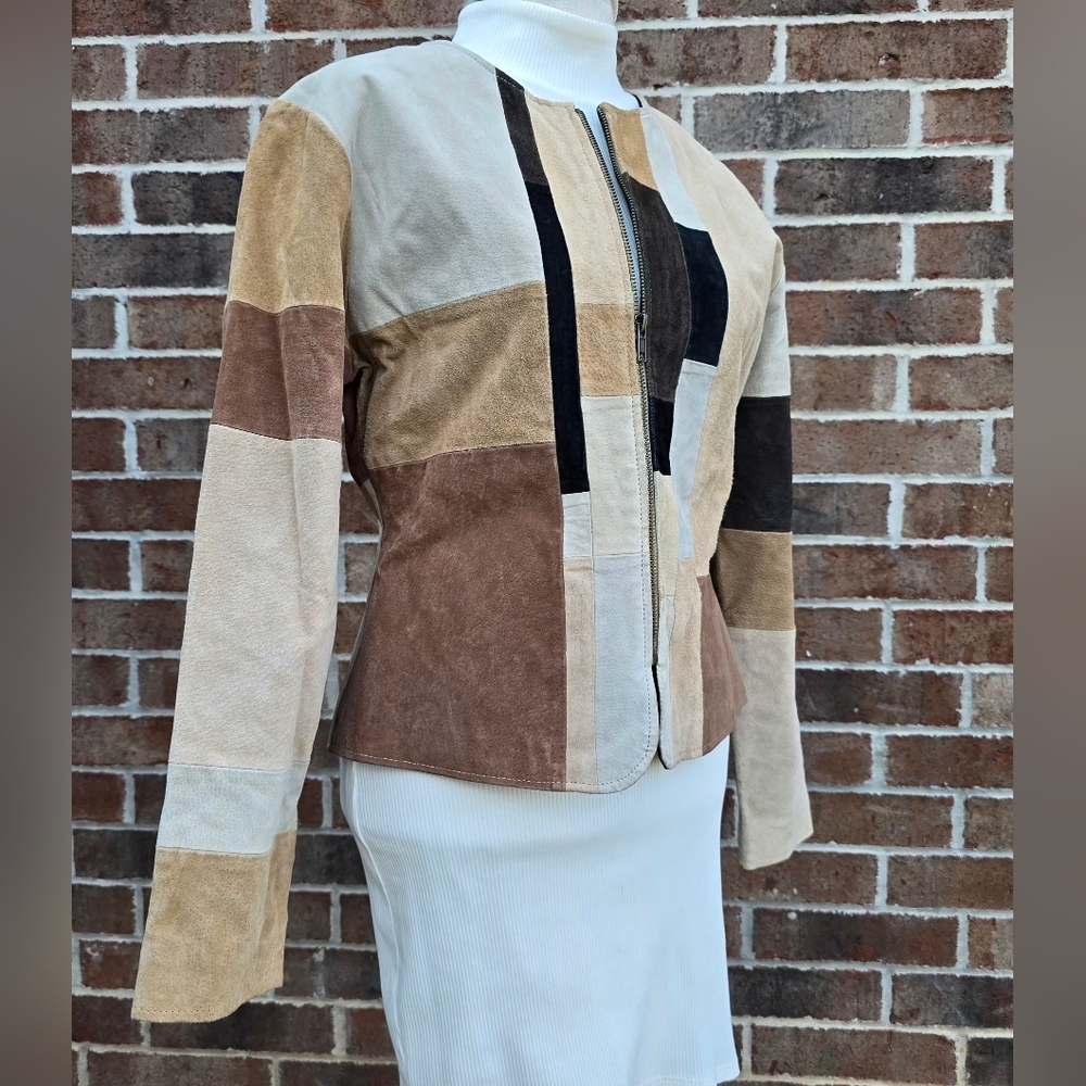 Vintage Karen Arnold Patchwork Suede Leather Jacket Neutral Colorblock
